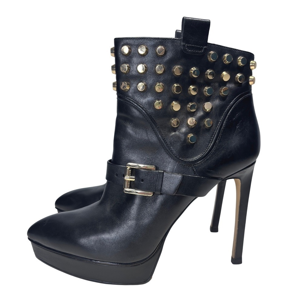 Michael Kors Bryn Black Leather Gold Studded Platform Heels Ankle Boots Size 9
